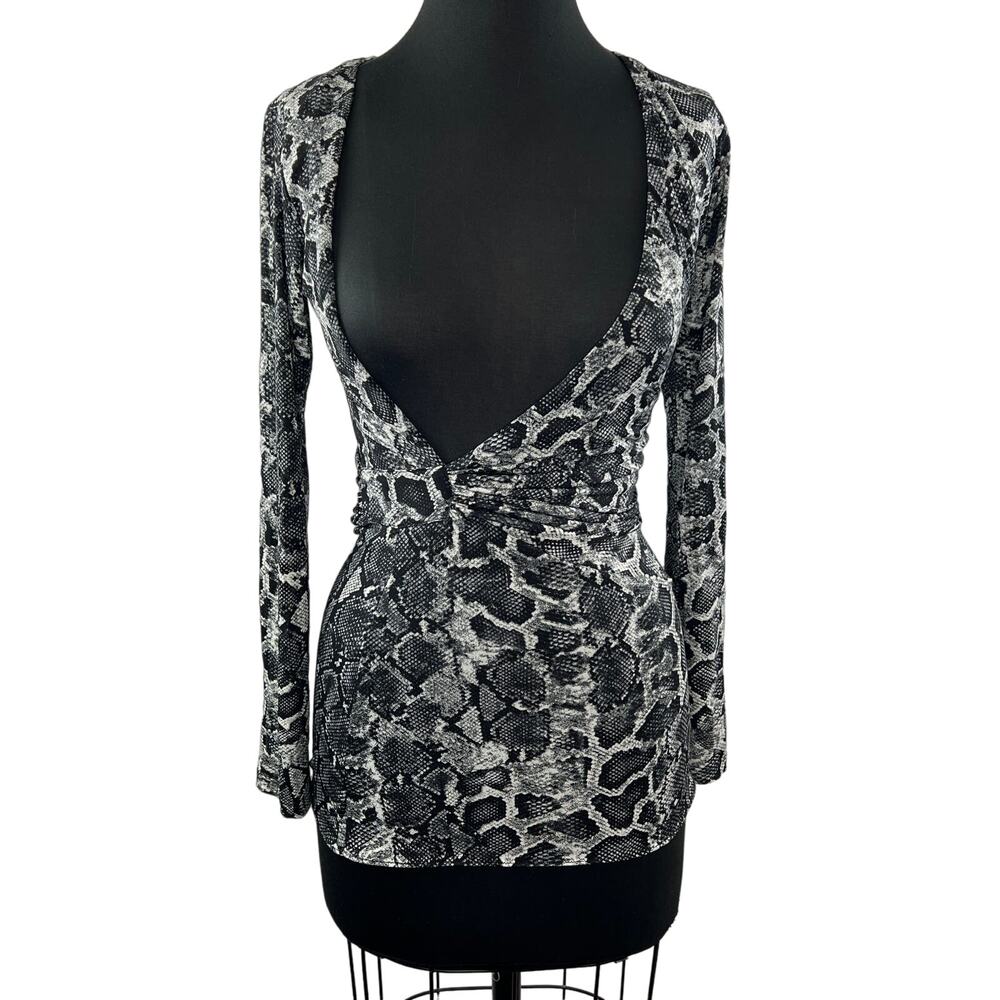 SKY White Black Deep Cut Blouse Top Snake Print Ruched Long Sleeve Size S Small - Picture 1 of 8